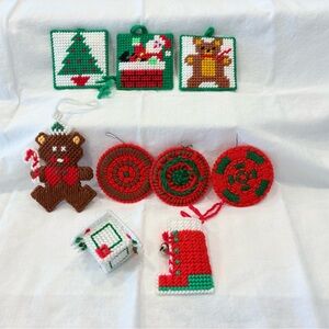 9 Vintage Needlepoint On Plastic Christmas Holiday Ornaments Handmade W/hangers